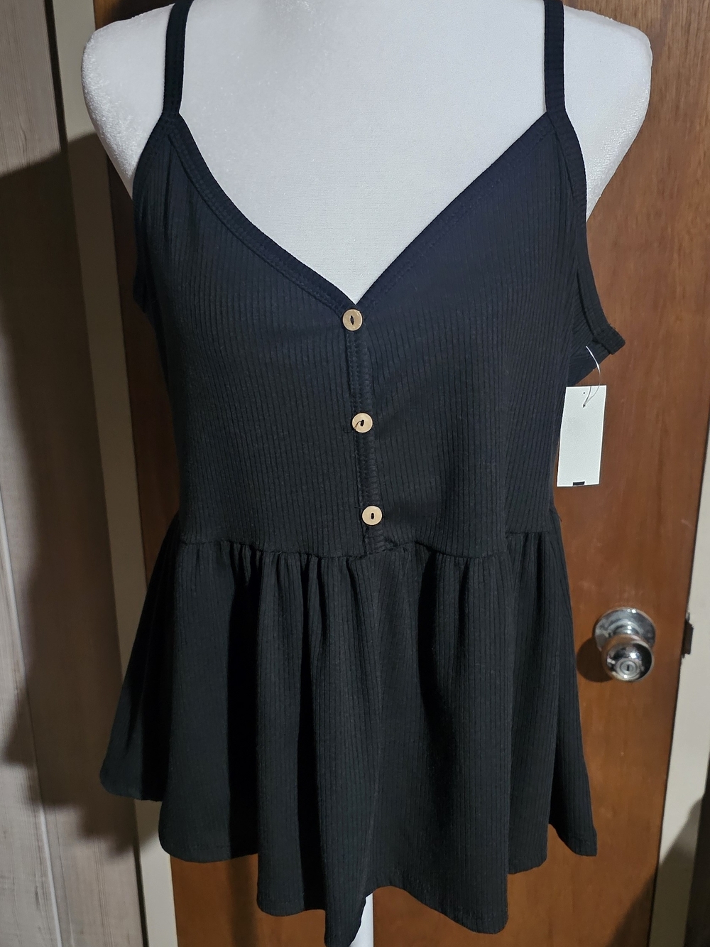 Black Ribbed Button-Front Peplum Babydoll Tank Top